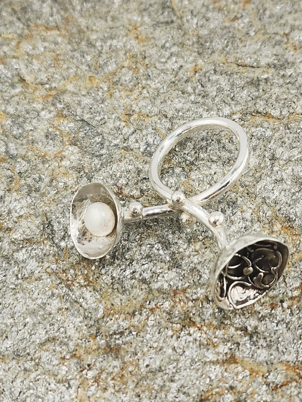 UNIQUE 2 FLOWER POT RING HANDMADE WITH STERLING SILVER AN A PEARL SIZE 8 - Picture 16 of 16